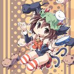  alternate_costume animal_ears bell brown_eyes brown_hair cat cat_ears cat_tail chen earrings fangs ham_(points) hat instrument jewelry no_pants short_hair solo striped striped_legwear tail tambourine thighhighs too_many too_many_cats touhou 