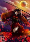  515m autumn bad_id bad_pixiv_id full_moon highres hinomoto_oniko japanese_clothes kimono leaf mask moon naginata original polearm solo weapon 