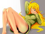  bad_id bad_pixiv_id black_panties blonde_hair blush green_shirt hoshii_miki idolmaster idolmaster_(classic) legs long_hair lying one_eye_closed panties pantyshot pantyshot_(lying) shirt smile solo sweater underwear youhei_(testament) 