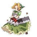  apron blonde_hair boots brown_footwear c_kihara dress elbow_gloves farmer_(sekaiju) full_body gloves green_dress knife looking_at_viewer mushroom puffy_short_sleeves puffy_sleeves red_gloves sekaiju_no_meikyuu sekaiju_no_meikyuu_3 short_hair short_sleeves simple_background solo standing white_background 