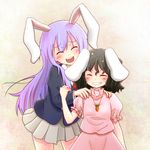  animal_ears brown_hair bunny_ears closed_eyes grin hands_on_shoulders inaba_tewi long_hair morioka_itari multiple_girls purple_hair reisen_udongein_inaba short_hair smile touhou 