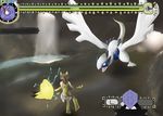  battle capcom cave electricity empty_eyes female hammer highres lugia mitsuru_(madeinore) monster_hunter parody pikachu pokemon 