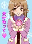  blush brown_eyes brown_hair coat genderswap gift lowres qvga scarf to_love-ru toloveru wfseilan yuusaki_riko 