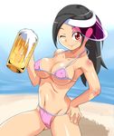  ;) alcohol beach beer bikini black_hair breasts covered_nipples cup day large_breasts mug one_eye_closed original red_eyes smile solo suikasan swimsuit visor_cap 
