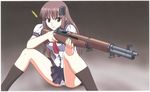  aiming black_legwear black_sailor_collar black_skirt brown_eyes brown_hair bullet casing_ejection crotch_seam doi_shizuha gun holding holding_gun holding_weapon jpeg_artifacts m1_garand neckerchief panties pantyshot pantyshot_(sitting) pleated_skirt red_neckwear rifle sailor_collar school_uniform shell_casing shirt sitting skirt socks solo stratos_4 underwear weapon white_panties white_shirt yamauchi_noriyasu 