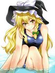  blonde_hair braid breasts covered_nipples hat highres k2isu kirisame_marisa long_hair naughty_face one-piece_swimsuit school_swimsuit shiny shiny_clothes small_breasts solo swimsuit touhou yellow_eyes 