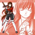  boots brown_eyes brown_hair character_name closed_eyes erica_fontaine gloves gun hands_clasped long_hair low-tied_long_hair my_sanc own_hands_together praying sakura_taisen sakura_taisen_iii submachine_gun thigh_boots thighhighs weapon 