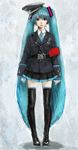  aqua_eyes aqua_hair armband belt boots hat hatsune_miku long_hair military military_uniform necktie peaked_cap pon sam_browne_belt shoulder_belt skirt solo thigh_boots thighhighs twintails uniform very_long_hair vocaloid 