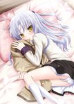  angel_beats! bed blazer blue_hair jacket long_hair lying md5_mismatch on_side panties pantyshot pillow sakuraizumi_yuu school_uniform solo tenshi_(angel_beats!) underwear yellow_eyes 