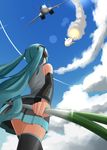  aircraft airplane cloud day fighter_jet flying green_hair hair_ornament hatsune_miku headphones jet long_hair mig-29 military military_vehicle missile pinkwaters pun sky solo spring_onion thighhighs twintails very_long_hair vocaloid weapon zettai_ryouiki 