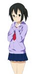  black_eyes black_hair extra fukuoka_katsumi hood hoodie k-on! miyamoto_akiyo no_thank_you! plaid plaid_skirt school_uniform short_hair side_ponytail skirt solo 