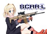  assault_rifle bettou_izumi-shizuka_scarlett boots fn_scar gloves gun pun rifle scarlett scope solo trigger_discipline twintails typo usmc@troy vertical_foregrip weapon 