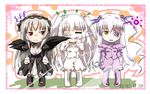  =_= barasuishou boots chibi closed_eyes crystal dress eating eyepatch flower gothic_lolita gucchi hair_flower hair_ornament kirakishou lolita_fashion long_hair multiple_girls purple_flower purple_hair purple_rose red_eyes rose rozen_maiden silver_hair suigintou white_flower white_hair white_rose wings yellow_eyes 