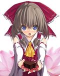  blue_eyes blush bow brown_hair chocolate detached_sleeves gift hair_bow hakurei_reimu holding holding_gift incoming_gift solo touhou valentine 
