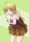  blonde_hair green_eyes hoshii_miki idolmaster idolmaster_(classic) leaning_forward long_hair school_uniform solo utomo v 