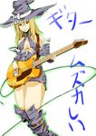  absurdres bare_shoulders belt blonde_hair boots braid breasts cosplay detached_sleeves dress electric_guitar guilty_gear guitar hat highres i-no i-no_(cosplay) instrument kirisame_marisa knee_boots legs medium_breasts mochi_suki smile solo thighs touhou translated witch_hat 