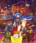  animal_ears armor bad_id bad_pixiv_id blue_hair breasts cape cleavage dot_heit fire genderswap genderswap_(mtf) gift gnarl halloween headphones instrument jack-o'-lantern light long_hair medium_breasts minion_(overlord) night open_mouth overlord_(arpg) overlord_(character) photo_(object) pumpkin quaver_(overlord) ribbon roderick_bodkin smile st-ko star steam_(platform) tail trumpet wolf_ears 