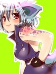  animal_ears blue_hair breasts fingerless_gloves gloves hand_on_hip large_breasts looking_back markings nekonekopunyann nidorina personification pokemon red_eyes simple_background smile solo tail unzipped 