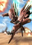  blue_sky blurry day embers energy explosion fire glowing glowing_wings ground_vehicle mecha military military_vehicle motion_blur motor_vehicle no_humans outdoors r_shotaro shiny sky solo speed_lines tank weltall-id wings xenogears 