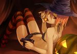  arm_support beretta_px4 bikini_top candy denim denim_shorts flat_chest food gou_(double_trigger) gun halloween handgun hat jack-o'-lantern licking lollipop looking_back orange_eyes orange_hair original pistol pumpkin shorts solo striped striped_legwear thighhighs tongue trigger_discipline unbuttoned weapon witch_hat 