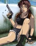  black_lagoon boots breasts brown_eyes brown_hair cigarette cleavage denim denim_shorts female fingerless_gloves gloves gun holster hotpants long_hair looking_at_viewer midriff nail_polish ponytail revy revy_(black_lagoon) short_shorts shorts sitting smoking solo tank_top weapon 