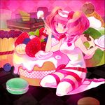  cake dress food fruit kneeling macaron milk_(pop'n_music) pop'n_music solo strawberry thighhighs utacoco 