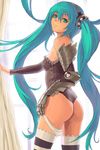  aner_(qqan00) aqua_eyes aqua_hair ass gauntlets hatsune_miku highres long_hair looking_back panties panties_around_one_leg solo striped striped_legwear thighhighs twintails underwear very_long_hair vocaloid 