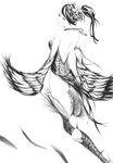  ass bare_shoulders barefoot feathers fine_fabric_emphasis flower from_behind greyscale hair_flower hair_ornament jewelry long_hair looking_back monochrome necklace open_mouth original ponytail solo sousou_(sousouworks) thighhighs wings 