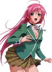  absurdres akashiya_moka blush breasts female green_eyes highres legs long_hair miniskirt photoshop pink_hair rosario+vampire school_uniform simple_background skirt smile solo thighs 