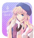  bad_id bad_pixiv_id beret blonde_hair blue_eyes bracelet gloves happy_birthday hat jewelry long_hair macross macross_frontier one_eye_closed sasaki_yuki sheryl_nome smile solo 