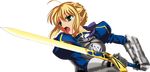  absurdres ahoge armor artoria_pendragon_(all) blonde_hair caliburn derivative_work fate/stay_night fate_(series) green_eyes hair_ribbon highres open_mouth oyu_no_kaori ribbon saber solo sword transparent_background type-moon weapon 