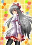  :p alternate_costume blush bow dress fujiwara_no_mokou hair_bow hands_clasped long_hair own_hands_together red_eyes silver_hair thighhighs tongue tongue_out touhou very_long_hair yamamoto_arifred zettai_ryouiki 