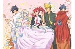  3boys blonde_hair blue_hair cape dress formal kamina kittan multicolored_hair multiple_boys multiple_girls necktie nia_teppelin pink_dress ponytail red_hair simon suit tengen_toppa_gurren_lagann tileable two-tone_hair uet yoko_littner 