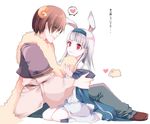  1boy 1girl animal_ears ari_(pixiv) brown_hair bunny_ears bunny_girl bunnygirl cape couple dress eyes_closed female gensou_suikoden gensou_suikoden_ii hairband heart horns klaus_windamier long_hair male pants red_eyes sheep sheepboy shoes short_hair sierra_mikain silver_hair sitting smile suikoden suikoden_ii 