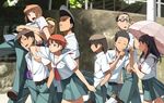  6+boys =_= adjusting_eyewear belt black_hair brown_eyes brown_hair camera elbowing glasses go_robots hands_in_pockets lifting long_hair multiple_boys multiple_girls orange_hair original parasol photo_background pocket pompadour school_uniform semi-rimless_eyewear serafuku short_hair skirt smile two_side_up umbrella under-rim_eyewear walking 