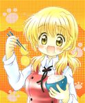  blonde_hair bowl chopsticks eating food food_on_face hidamari_sketch kyapu-10 miyako rice rice_bowl school_uniform short_hair solo takuan yellow_eyes 