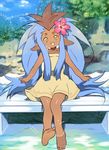  animal_ears barefoot coin_rand dark_skin day dress feet flower full_body hair_flower hair_ornament long_hair multicolored_hair outdoors personification ryou-ouki ryou-ouki_(human) sitting smile soaking_feet solo sundress tenchi_muyou! water yellow_eyes 