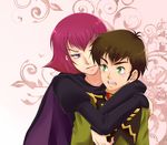  1girl blush cape gundam gundam_zz haman_karn harbor-mitsuki hug judau_ashta military military_uniform pink_hair purple_eyes short_hair uniform 