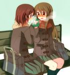 bag bench blush bookbag breathing_on_hands brown_eyes brown_hair commentary_request ears_visible_through_hair full-face_blush green_skirt hachiko_(hati12) holding_hands long_hair looking_at_another multiple_girls original pleated_skirt scarf short_hair skirt twintails yuri 