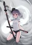  :o alternate_costume bow buruma flower frown grey_hair gym_uniform hair_bow hitodama katana kazuoki kneeling konpaku_youmu konpaku_youmu_(ghost) mary_janes red_eyes scabbard sheath sheathed shirt shoes short_hair short_sleeves solo sword t-shirt touhou weapon 