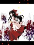  ascot bangs bare_shoulders black_hair bow detached_sleeves floating_hair flower from_side hair_between_eyes hair_bow hair_tubes hakurei_reimu letterboxed long_hair looking_away looking_to_the_side petals red_bow red_eyes skirt skirt_lift solo spider_lily standing toudou_(dolce) touhou white_background wide_sleeves wind wind_lift yellow_neckwear 
