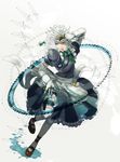  blue_eyes braid izayoi_sakuya knife maid maid_headdress otofuke short_hair silver_hair solo thighhighs touhou twin_braids 