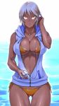  23_(real_xxiii) bikini blonde_hair breasts center_opening cleavage dark-skinned_girl_(23) dark_skin highres huge_breasts jacket micro_bikini navel open_clothes open_jacket original shiny shiny_skin solo swimsuit thigh_gap yellow_eyes 