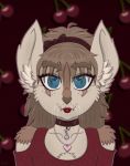  &lt;3 anthro badger bangs blue_eyes bow brown_fur brown_hair clothing eyelashes fangs food freckles fruit fur hair headband hybrid inner_ear_fluff jewelry lipstick makeup mammal markings mustelid ribbons smile stripes zoelnoone_(artist) 