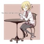  bad_id bad_pixiv_id black_legwear blonde_hair blush chair chika_(orange_pop) closed_eyes cup english full_body hair_ornament hairclip necktie original pantyhose ponytail saucer short_hair sitting skirt smile solo steam sweater table teacup 