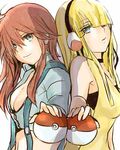  2girls alice-yuki blonde_hair blue_eyes breasts cleavage fuuro_(pokemon) gym_leader hair_over_one_eye halter_top halterneck headphones kamitsure_(pokemon) large_breasts long_hair multiple_girls navel open_clothes open_shirt poke_ball pokeball pokemon pokemon_(game) pokemon_black_and_white pokemon_bw red_hair shirt smile 