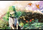  ^_^ alternate_costume autumn_leaves bad_id bad_pixiv_id bondson casual closed_eyes contemporary frog green_hair hair_ornament kochiya_sanae leaf letterboxed long_hair nature open_mouth snake solo touhou 