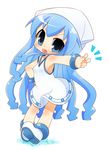  blue_eyes blue_hair chibi dress hat ikamusume inuue_kiyu long_hair shinryaku!_ikamusume solo tentacle_hair v 