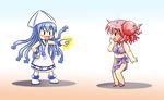  bikini blue_hair chibi crossover dress hat hidamari_sketch highres hiro hoshikawa_tsukimi ikamusume long_hair multiple_girls octopus pointing print_sarong purple_sarong red_hair sandals sarong shinryaku!_ikamusume short_hair simple_background sweatdrop swimsuit tentacle_hair 