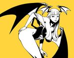  bad_id bad_pixiv_id bare_shoulders bat_wings bent_over breasts cleavage demon_girl elbow_gloves fingerless_gloves fingernails gloves hand_on_hip hanging_breasts head_wings large_breasts leotard long_hair monochrome morrigan_aensland no_legwear pointy_ears solo succubus vampire_(game) wings yukinishi 